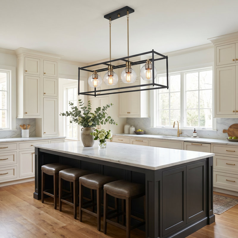 Jorinde 4-Light Modern Farmhouse Rectangle Black Metal  Chandelier with Seeded Glass Shade