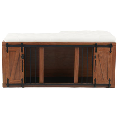 56"L Dog Crate Bench With Padded Seat And Designed Pet Stairs, Suitable For Small To Medium Dogs, Easy Assembly Removable Cushion Sliding Barn Door, Movable Base