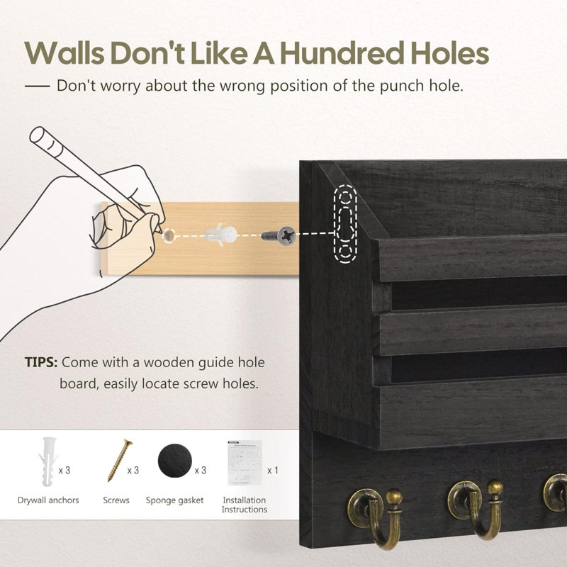 Nelvina Wood Wall Organizer, Black, 6.7" H x 13" W x 3.5" D