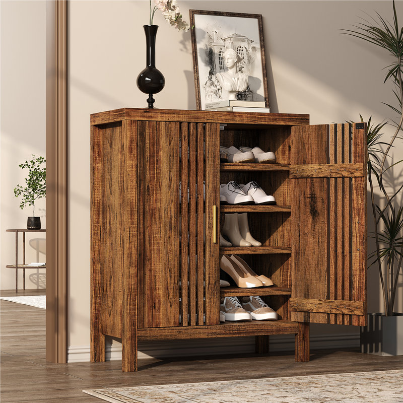 Wooden Shoes Cabinet With Adjustable Shelves, Retro Freestanding Shoe Organizer Cabinet For Entryway Hallway Living Room, 5-tier Shoe Cabinet With Doors For 20 Pairs, 