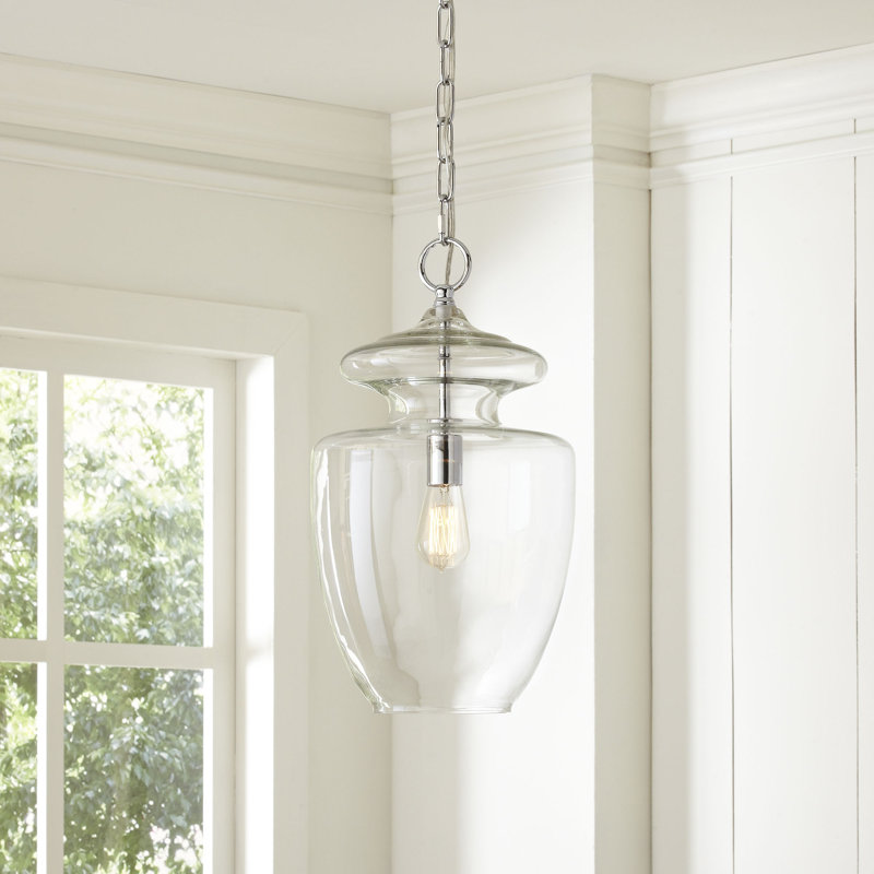 Luminaire suspendu de style école à 1 lumière Abiella, H 13 po x l 7 po x P 7 po, Transparent
