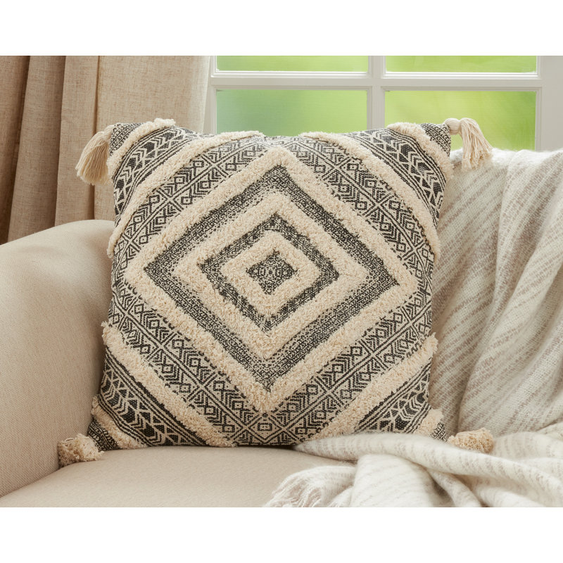 Tufted Diamond Block Print Black and Beige Cotton Pillow