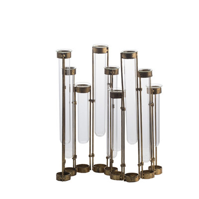 Glass Flower Vase With Separate Tubes And Bronze Metal Stand, 14 Inch Accent