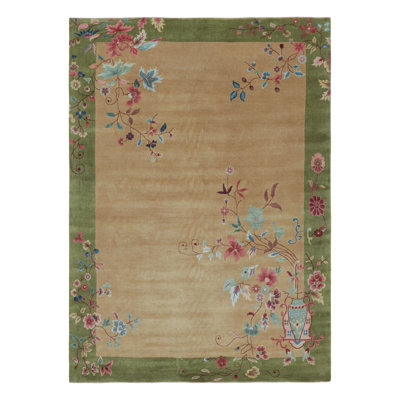 Rug & Kilim’S Chinese Art Deco Style Rug In Green And Beige With Floral Patterns