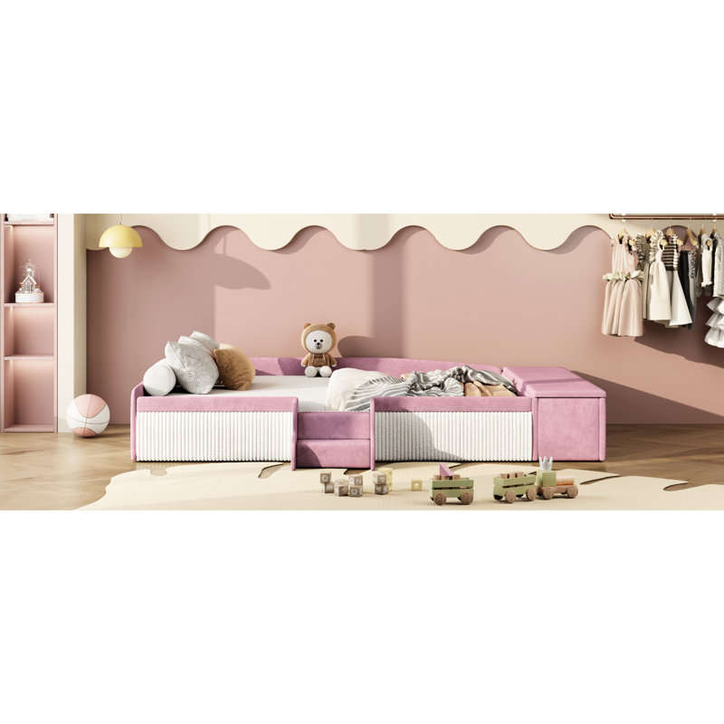 Lit de jour double en velours rose et blanc avec escalier, rangement avec vérin à gaz et confort - Maximiser les garde-corps