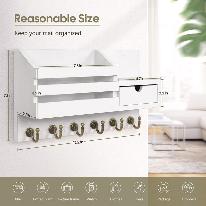 White Wooden Wall-Mounted Key and Mail Organizer with Drawer