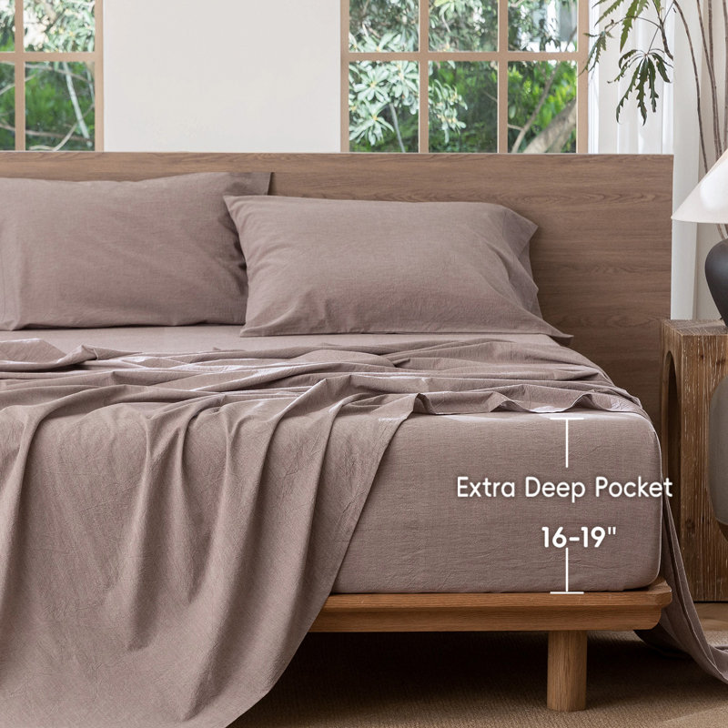 MooMee Fitted Sheet Only Extra Deep Pocket 100% Washed Cotton Linen Like Textured Lightweight Breathable, Queen , Mauve Brown