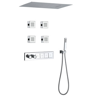 24.8*12.99" Luxury Thermostatic 4-Function Rainfall Shower System, Ceiling Mounted Shower System with Body Jets with Rough-in Valve