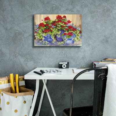 Red Geraniums With The Blues' by Kathleen Parr Canvas Wall Art