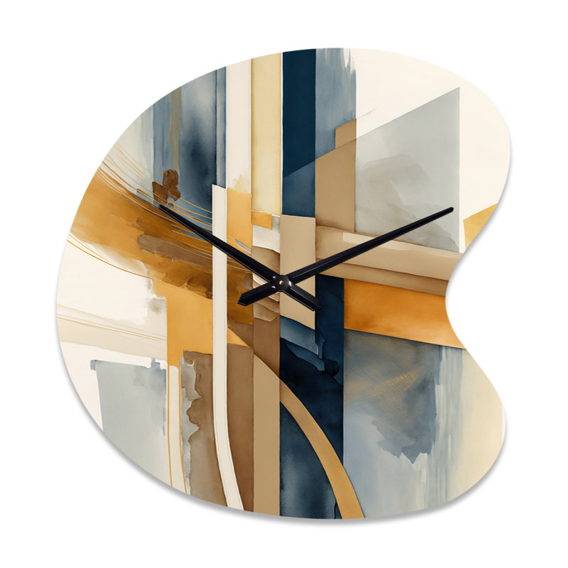 Moderne bleu et or abstrait I - horloge transitionnelle asymétrique en métal, impression d'horloge murale de forme unique bleue
