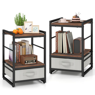 Nightstand Industrial Bedside Table w/ Open Storage Shelf & Fabric Drawer