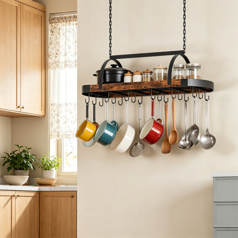 Ceiling Mount Pot Holder with 18 Hooks, Rustic Brown Space Saving Cookware Organizer for Kitchen