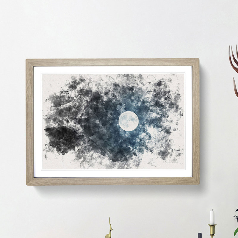 The Full Moon at Midnight Watercolour - Picture Frame Graphic Art Print, 45cm H x 63cm W x 2cm D, Oak Framed