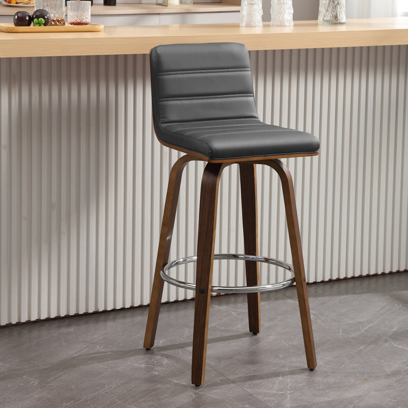 Tabouret pivotant rembourré Bomia avec structure en bois massif et dossier en similicuir en L, Gris