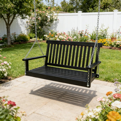 Banc de balancelle d'extérieur, balançoire de patio robuste pour 2 personnes avec chaînes suspendues, balançoire en bois résistant aux intempéries pour la cour, le jardin, la terrasse et le balcon (noir)
