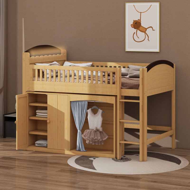 Lit mezzanine simple avec armoire de rangement et garde-robe, structure de lit mezzanine en bois massif avec tête et échelle DEL