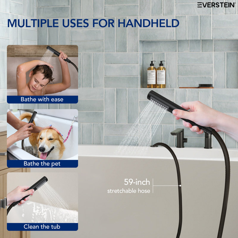 Tub Faucet with 360° Swivel Spout, Tub Filler with Diverter Handshower Valve, Deck-Mount Roman Bathtub Faucet Set Matte Black
