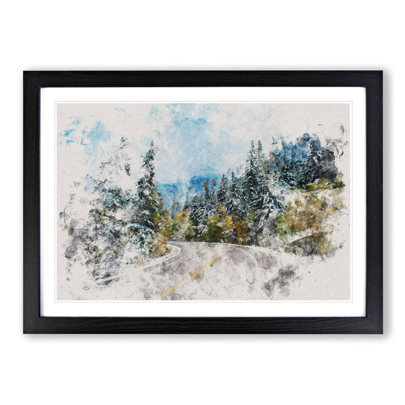 Winter Forest Road Watercolour - Single Picture Frame Print on MDF, Black Framed, 45cm H x 63cm W x 2cm D