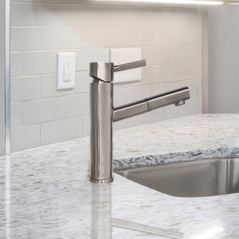 Whitehaus Stainless Steel Single Lever Kitchen Faucet with Pull-Out Head & Stream Mode, Brushed Stainless Steel