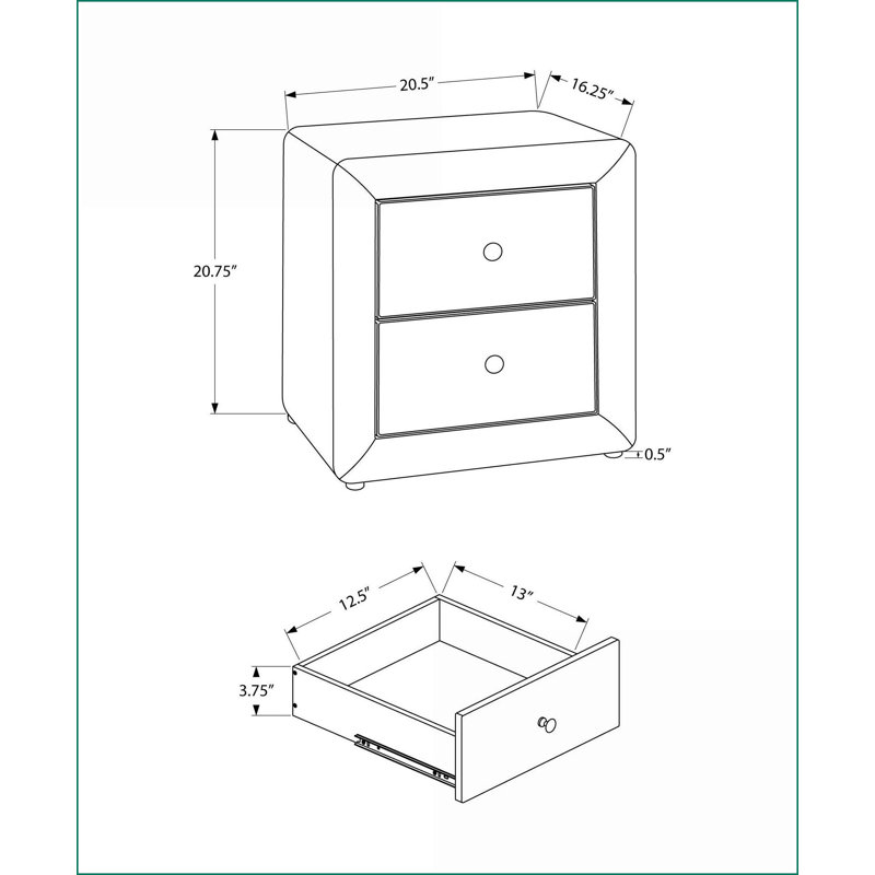 Grey Velvet Transitional Nightstand with 2 Drawers - No Assembly