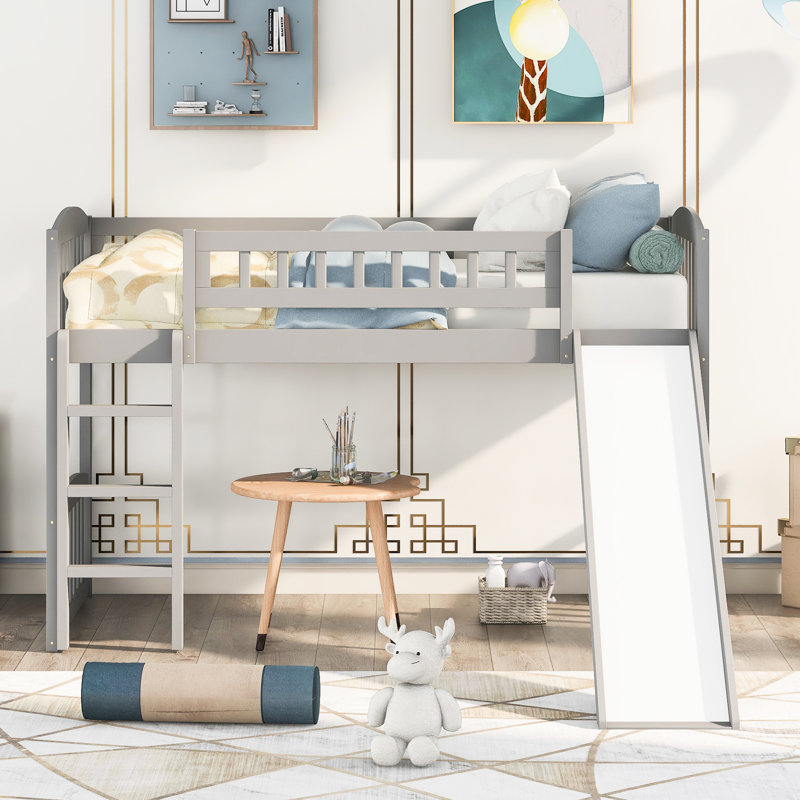 Lit mezzanine simple gris avec glissade et - Maximise l'espace de la chambre à coucher, utilisation polyvalente, structure en bois de pin, conception de structure stable, lattes solides, durabilité, ajout élégant