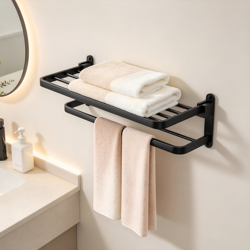 90 Degree Foldable Wall Mount Towel Rack, Flat Design Towel Holder for Bathroom Balcony Hall, MatteBlack