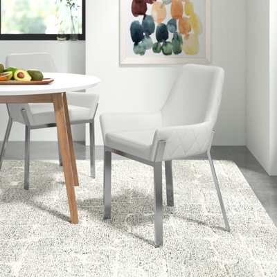 Pangea Home Hudson Tufted Upholstered Arm Chair - Dining Chairs Set of 2 – Modern Upholstered Accent Chairs for Kitchen, Dining Room, Living, or Breakfast - White Black Leather with Silver Legs