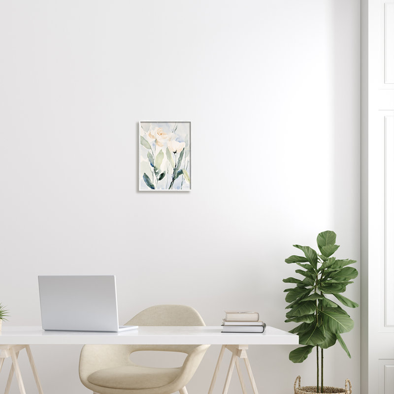 Fleurs blanches traditionnelles, H 14 po x l 11 po x P 1,5 po, Giclée encadrée blanc bord de mer