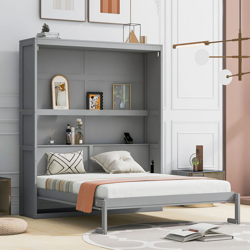 Murphy Bed Wall Bed With Shelves, Full, Gray
