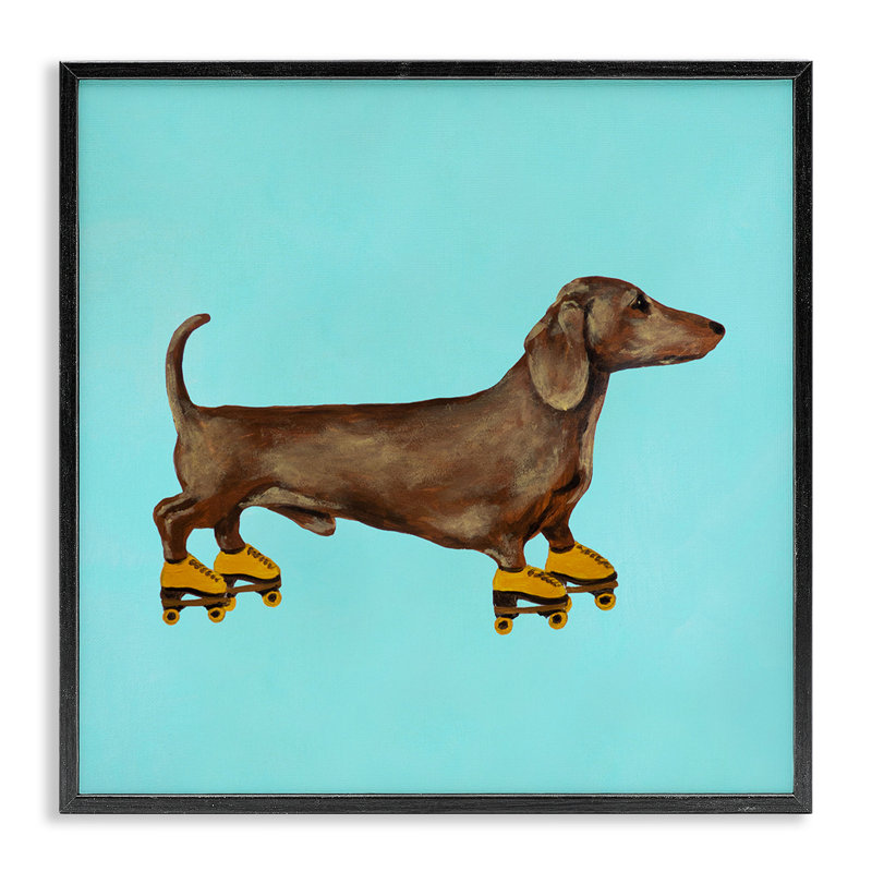 Au-599-Giclée, teckel amusant sur des patins à roulettes, peinture, H 12 po x l 12 po, Giclée encadrée noir minuit