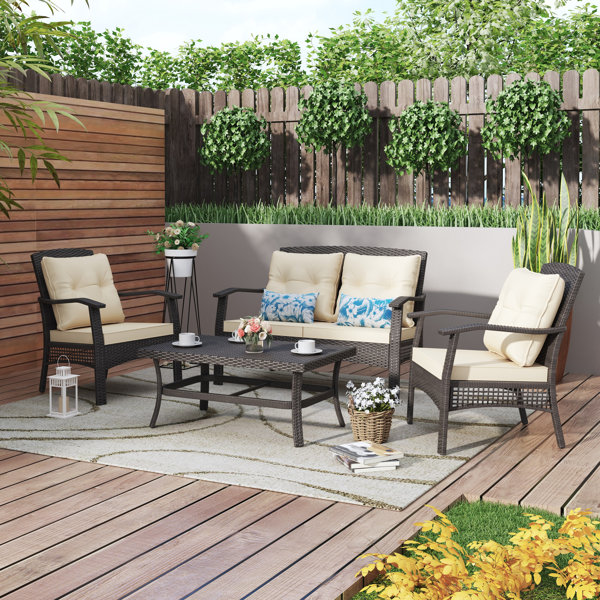 August Grove® Adelita 4 - Person Outdoor Seating Group with Cushions ...