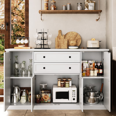 58" Farmhouse Buffet Sideboard, Modern Coffee Bar Cabinet with 2 Drawers & 4 Grooved Barn Doors, Wooden Kitchen Storage Console for Dining Room, White
