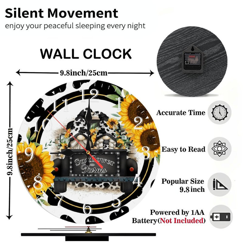 Horloge murale en bois 10 po, mouvement silencieux, à piles (piles AA non incluses), décor artistique, parfait pour les décorations