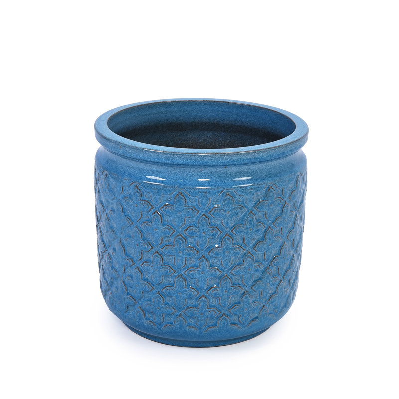 3 Flower Ceramic Flowerpot, Antique Blue, Weather-, Drainage Hole, Functional Appearance Three Ceramic Flowerpots In Antique Blue For Indoor And Outdoor Spaces - Heat-, With Built-In Drainage A Sleek