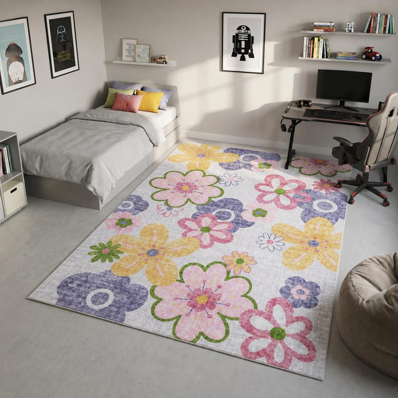 Tapis juvénile rose, gris et mauve 7 pi x 10 pi