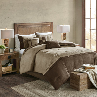 7 Piece Queen Size Comforter - Brown Faux Suede, Lodge Cabin Vibe, , Decorative Pillows Included Bed Suede Piece, Brown, Style, Easy To Fold Bedding