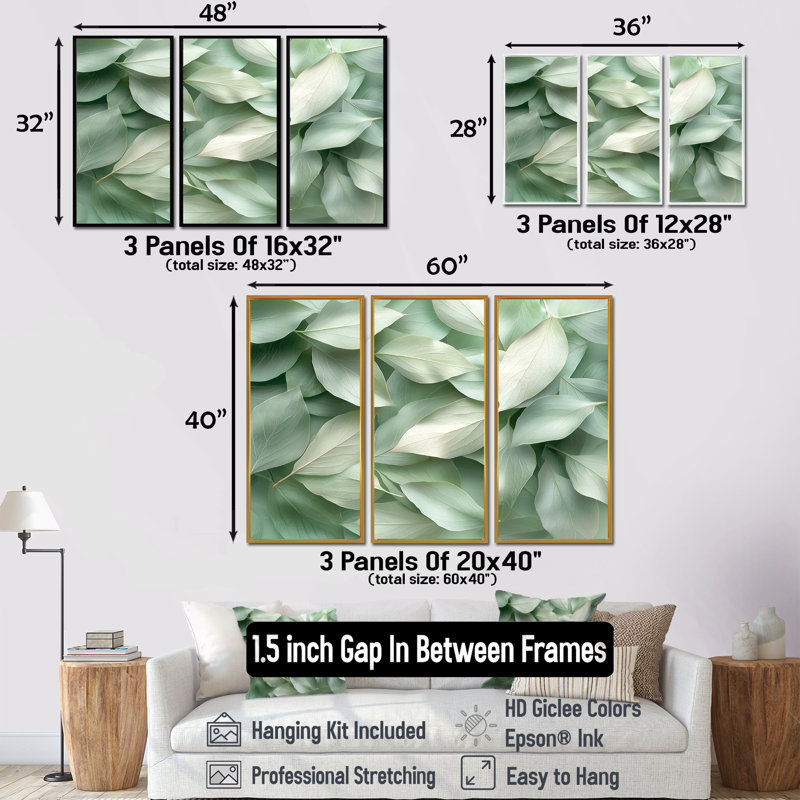 Feuilles de jade monochrome Lush Layers II - feuilles, art mural sur toile - 3 panneaux, H 40 po x l 60 po, Noir