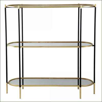 Table basse moderne à miroir en or noir, console en métal à 3 niveaux avec tablettes, 48,8 x 16,5 x 50 po