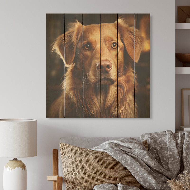 Chien «Golden Grace» - Art mural en bois sur bois de pin naturel, H 25 po x l 25 po