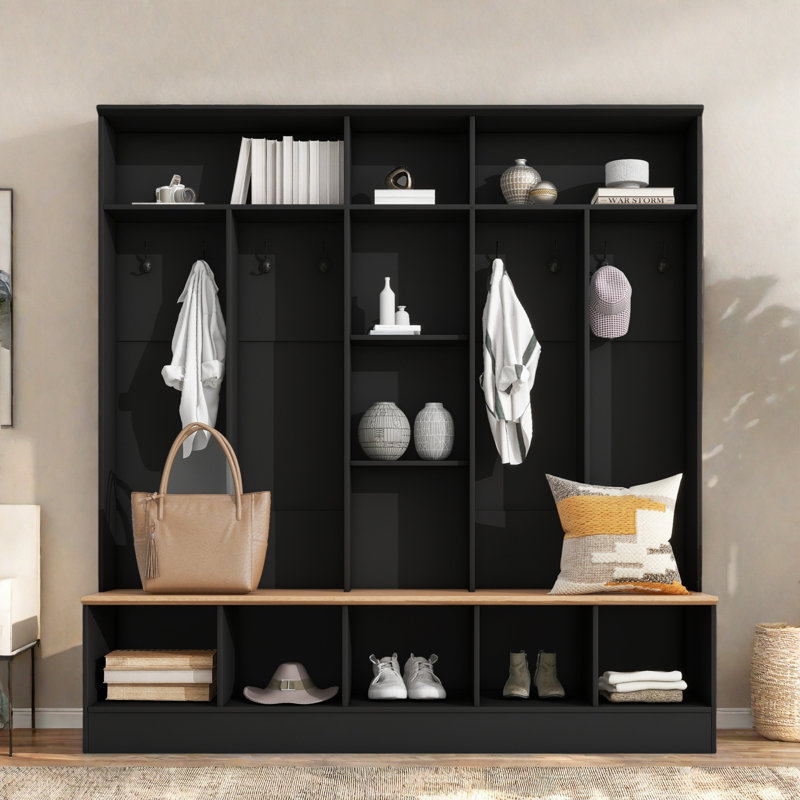 Wide Design Hall Tree With Storage Bench, Shoe Cabinet, Shelves And 8 Hooks, Black