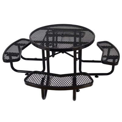 Table de pique-nique ronde ronde en acier 46 po noir avec mât de parasol