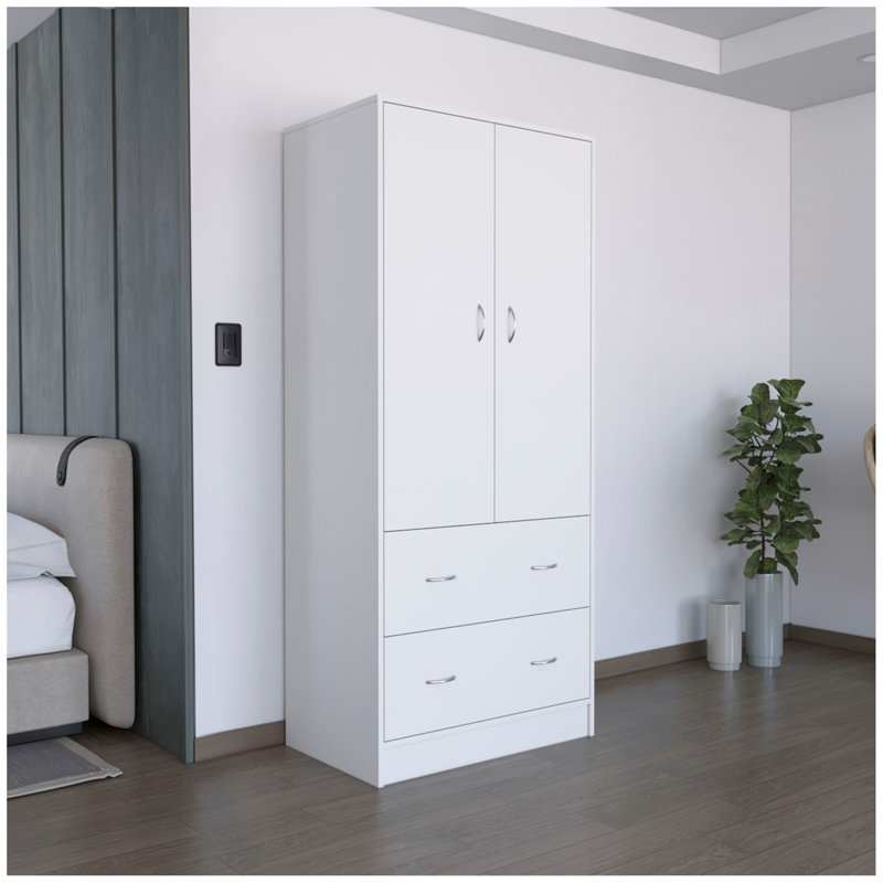 Armoire H 71 po avec deux portes, deux tiroirs et une tringle, Blanc