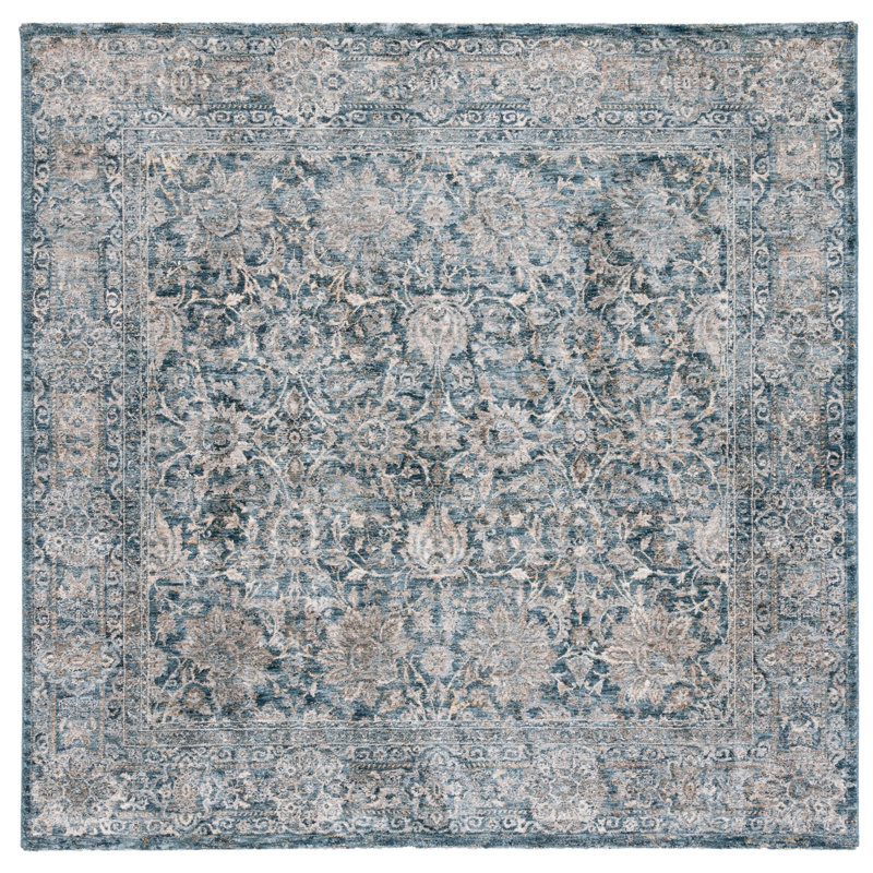 Tapis oriental bleu foncé / jaune Avelyn, Carré 6 pi 4 po