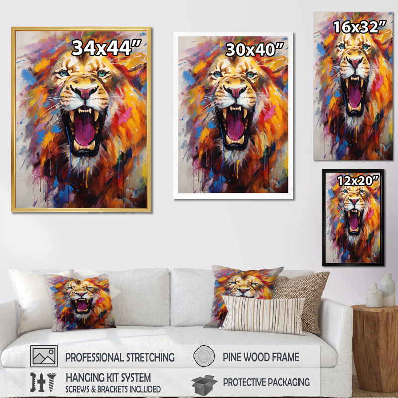 Abstrait lion rugissant - Lion, art mural, Cadre simple noir, H 32 po x l 24 po x P 1 po