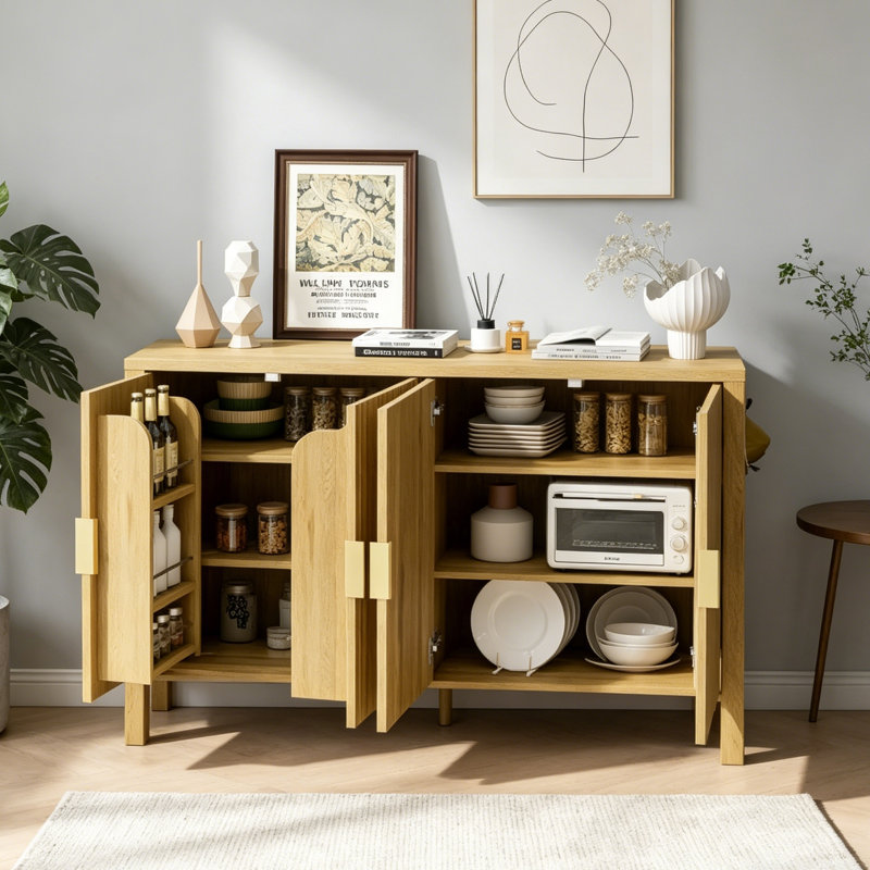 Buffet 57,5 po à rayures modernes avec porte arrière et crochets latéraux, tablettes réglables, Naturel