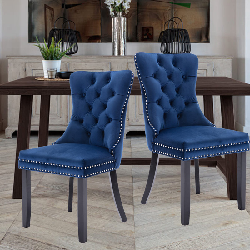 Tufted Velvet Wing Back Side Dining Chairs, Blue, Black