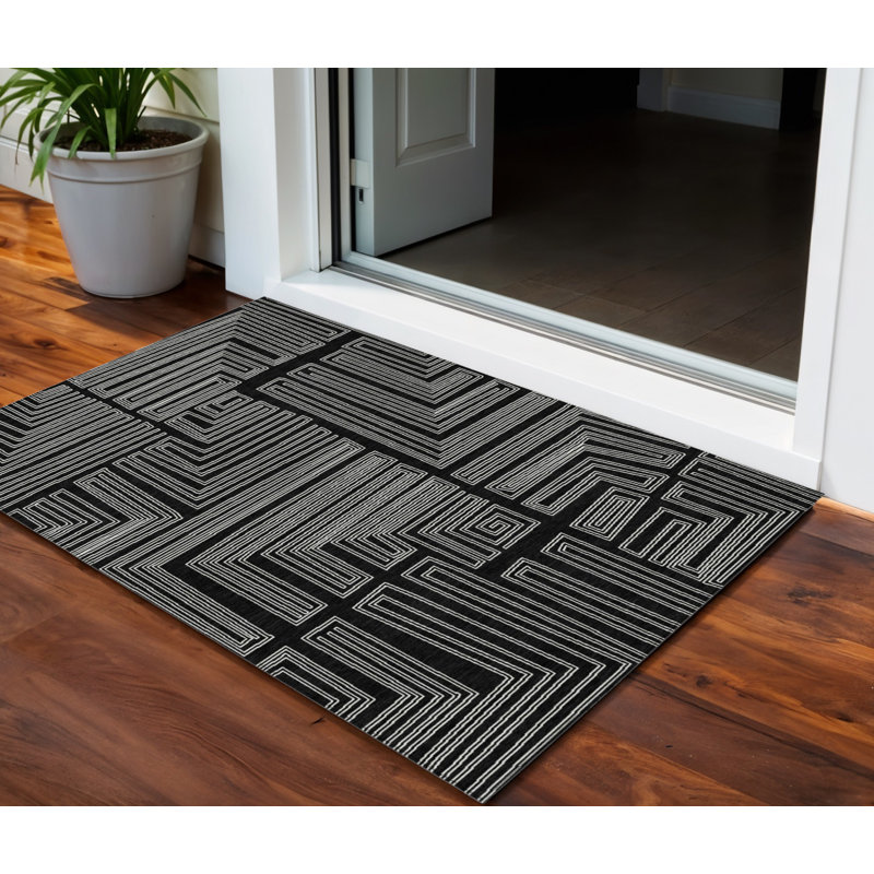 3' X 5' Black And Ivory Geometric Washable Indoor Outdoor Area Rug