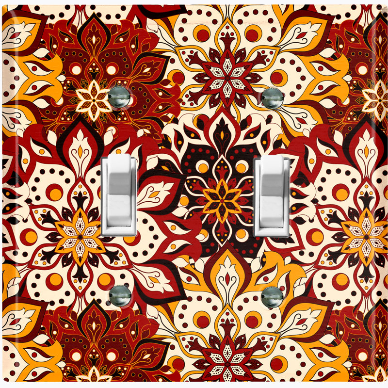 Red Tan Bundle Mandala Flowers Tile Patterned 2 - Gang Toggle Light Switch Standard Wall Plate