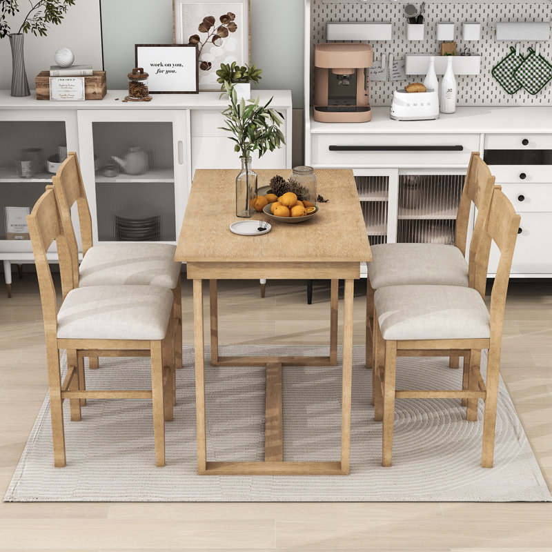 Ensemble de salle à manger à tréteaux, table rectangulaire et 4 chaises Laubin, Natural Wood
