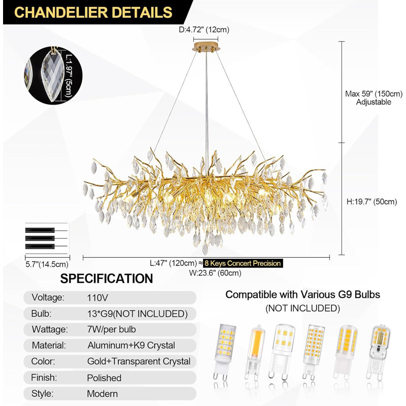 Lustre suspendu moderne en cristal doré, cadre suspendu en métal 47,2 pouces, H 17,71 po x l 47,24 po x P 23,62 po, Doré